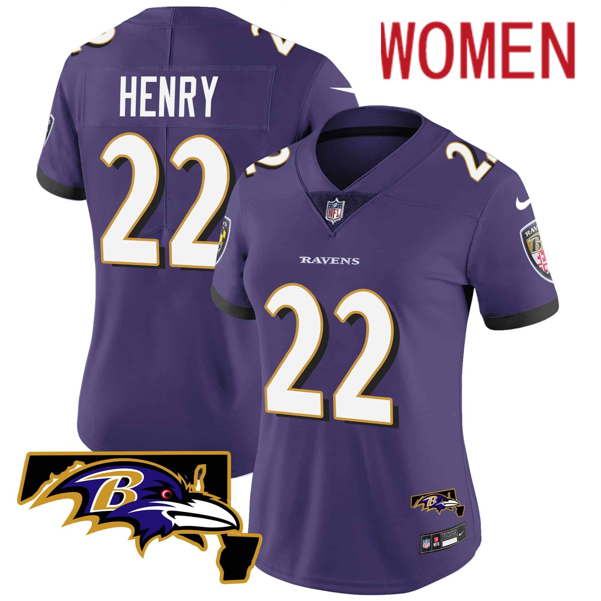 Women Baltimore Ravens #22 Henry Purple 2024 Nike Maryland Patch Vapor Limited NFL Jersey style 1